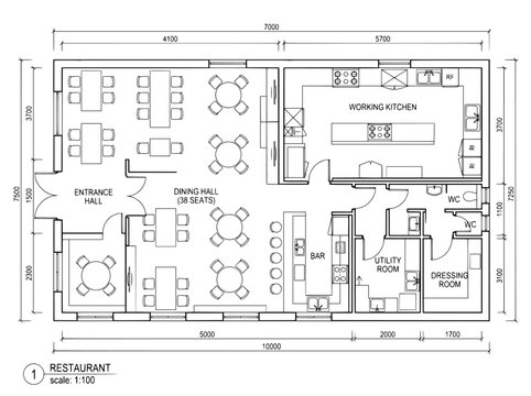 Restaurant Floor Plan Blueprint Vector, Dining Hall Kitchen Layout, Architectural Restaurant Design, Commercial Building Plan SVG restaurant, floor plan, blueprint, layout, dining hall, kitchen, archi