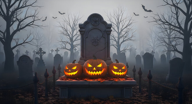 Spooky halloween graveyard scene with carved pumpkins and a stone tombstone in misty fog