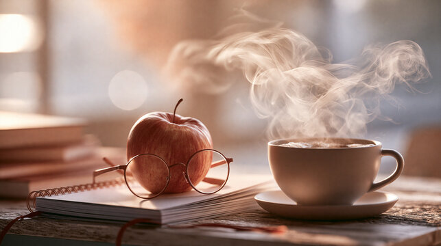 School desk with notebook and apple. Academic study setup with hot coffee and glasses.