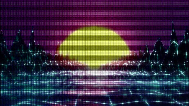 Animated Neon Dotted Grid Background with Retro Sunset and Skyline. 4K