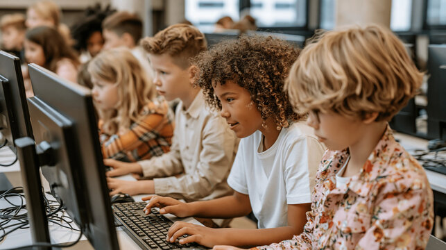 Children learning coding in computer class. Diverse students using desktop PCs in school.