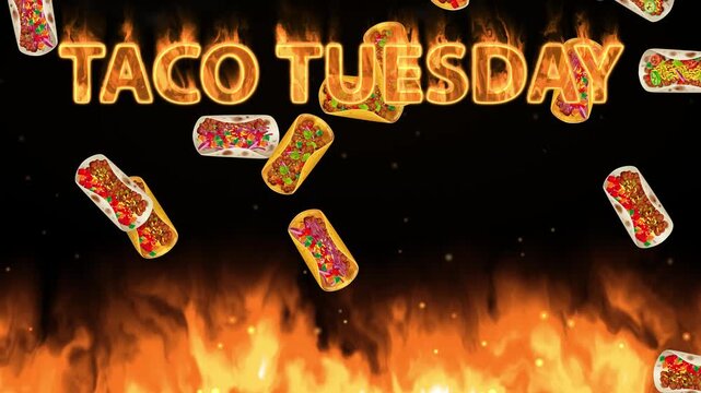 Animated Falling Tacos Over Burning Fire with Taco Tuesday Text