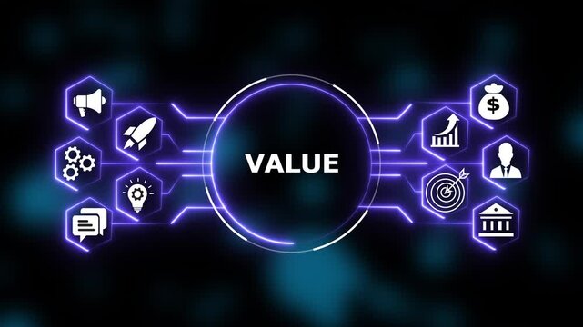Value proposition concept with glowing digital hexagon business growth strategy, marketing infographic, corporate success and financial development motion