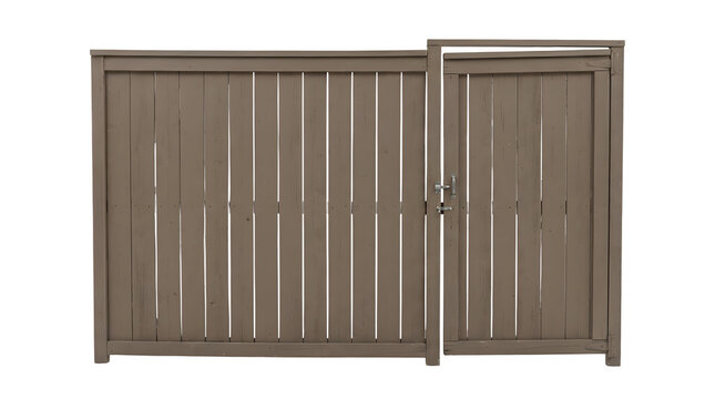 Modern brown composite fence with matching garden gate, durable wood plastic privacy fencing, residential backyard boundary wall isolated on white