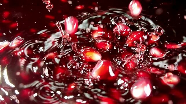 Fresh ruby-red pomegranate grains fall gracefully into a glass of rich pomegranate juice, creating elegant splashes, ripples, bubbles, and floating droplets in ultra slow motion.
