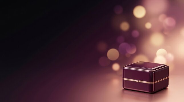 A closed dark jewelry box sits on a smooth surface against a background of soft glowing golden bokeh lights