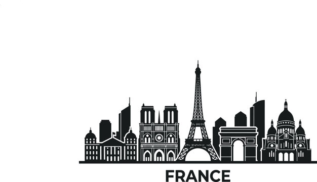 Black and white silhouette of the paris skyline featuring iconic landmarks and monuments in france