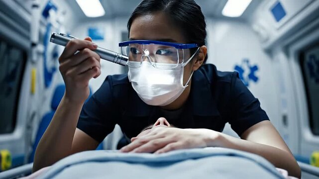 Patient's View of Paramedic Checking Pupil Response with Flashlight in an Ambulance During an Urgent Medical Situation