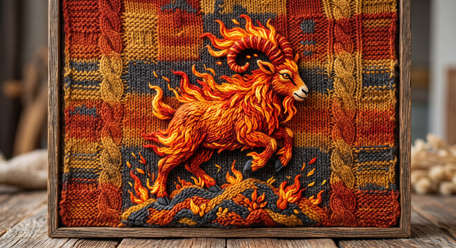 Intricate handmade knitted tapestry of a fiery goat in a rustic wooden frame, with vivid orange yarn, cable-knit texture and a warm filter, ideal for zodiac and craft designs.