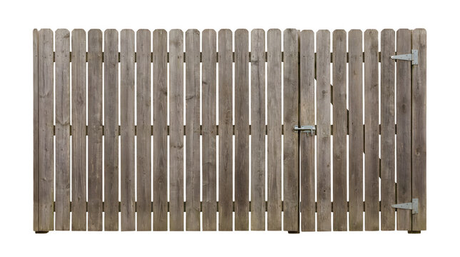 Weathered wooden fence with gate isolated on white, rustic cedar garden enclosure, aged timber privacy barrier for backyard landscaping