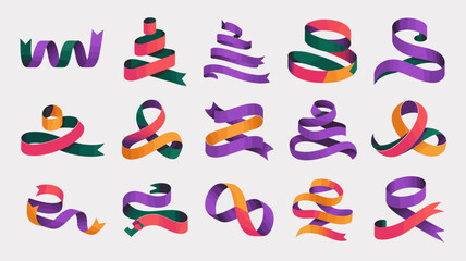 Obraz premium Set of abstract decorative ribbon swirls and curling holiday gift wrap elements in colorful flat style with decorative