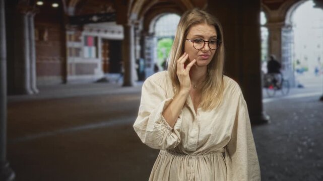Blonde woman with glasses hand on cheek holding jaw for toothache under a stone building arcade while a cyclist rides past; discomfort.