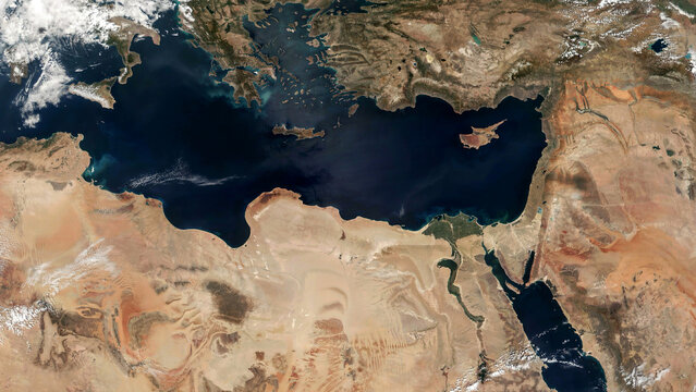 Satellite view of Mediterranean Sea showing North Africa and Middle East coastlines.