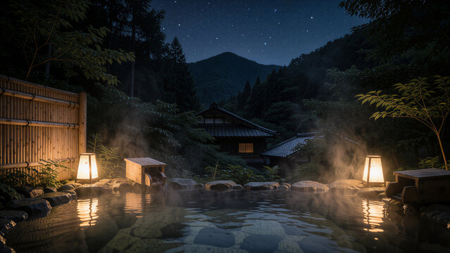 Empty outdoor Japanese onsen with thick steam and paper lanterns in dark mountain forest at night