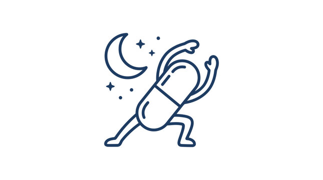 Pill Character Dancing Under Moon and Stars, Sleep Aid Concept