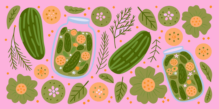 Pickle And Floral Pattern Illustration On Pink Background