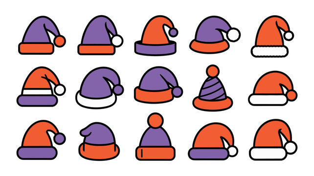 Set of festive christmas santa hats in flat vector illustration style with christmas collection clothing accessory