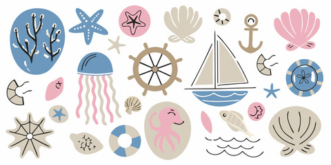 Nautical Illustration Collection With Seashells Starfish And Sailing Boat © Bhanu