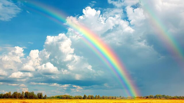 Rainbow over open field with clouds in the sky Generative AI