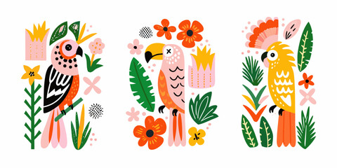 Tropical parrots and foliage colorful vector illustration on white background © Bhanu