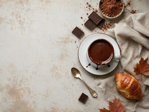 Copa de chocolate caliente acompa&ntilde;ada de croissant y trozos de chocolate en una mesa