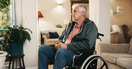 Naklejka na ściany i meble Thinking, relax and senior man in wheelchair at house with memory, remember or planning retirement. Serious, decision and elderly person with disability in living room with reflection or nostalgia.