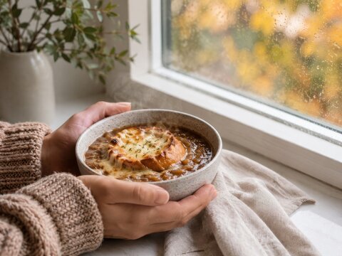 Sopa de cebolla francesa en un d&iacute;a lluvioso junto a una ventana