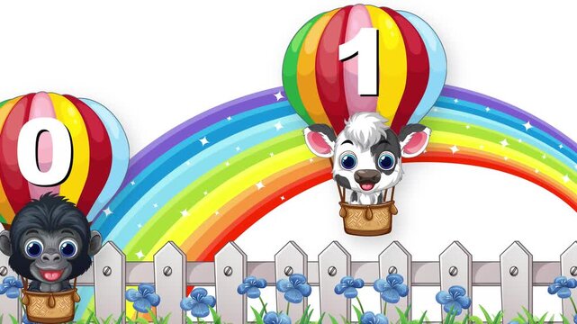 Cartoon Animals in Hot Air Balloons Floating Over Rainbow and Fence