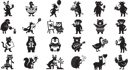 Naklejka premium Set of cute cartoon animals engaged in various activities, charming illustrations of wildlife.