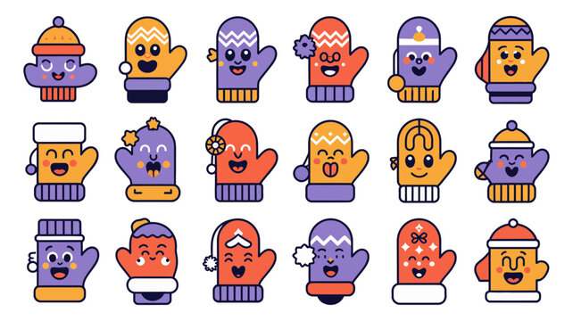 Collection of cute cartoon winter mittens with happy faces character christmas clothing accessory collection