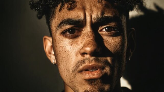 Disgusted african american man with freckles grimacing and showing strong negative emotion