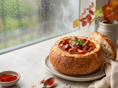 Guly&aacute;s en un taz&oacute;n de pan con sopa roja y especias en una ventana