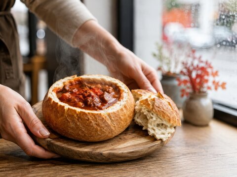 Goulash servido en un bol de pan, con sopa caliente y especias en un ambiente acogedor