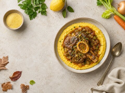 Osso buco servido con polenta en un plato blanco junto a utensilios y verduras frescas