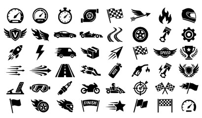 Fototapeta premium Fast Motion and Racing Glyph Icons Speedometer Turbo Performance Delivery Black Vector Set