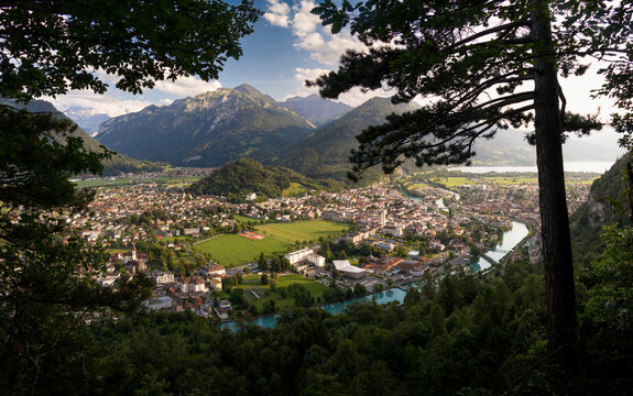Panoramic View of Interlaken and Unterseen with Aare River and Bernese Alps, Switzerland