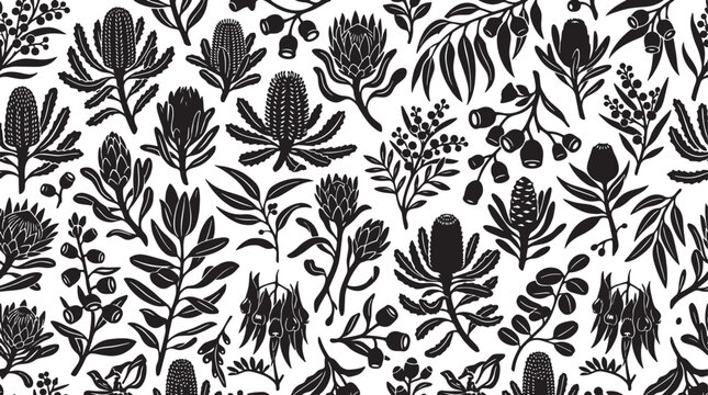 Australian native floral seamless pattern, black and white linocut banksia and protea vector, hand drawn botanical wallpaper for textile design