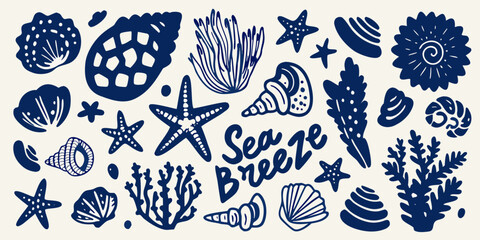 Nautical Shells And Starfish Vector Illustration Blue Tones © Bobtosh