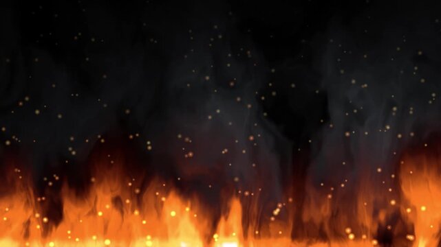 Intense Ground Fire with Rising Smoke and Glowing Embers on Black Background