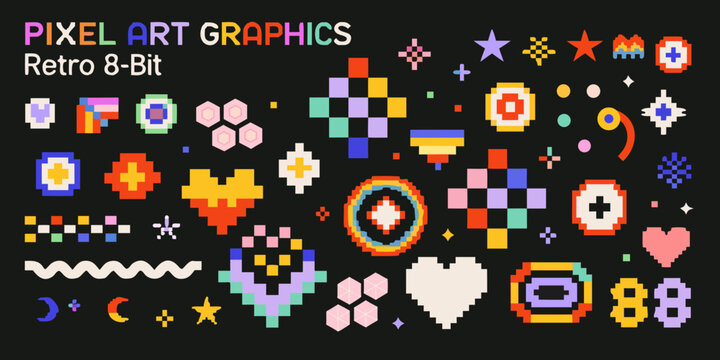 Pixel art graphics collection in retro 8 bit style on black background