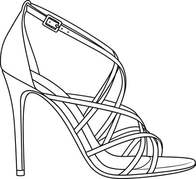 Elegant high heel stiletto sandal with strappy crossover design and ankle buckle strap fashion footwear vector technical sketch