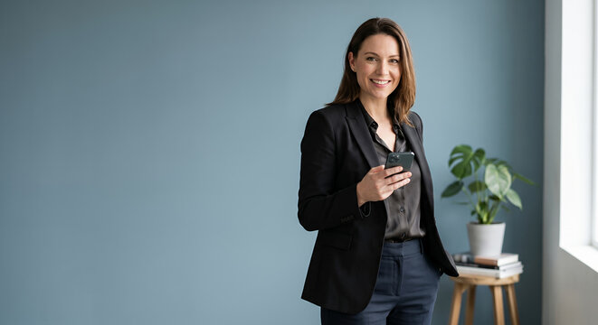 Smiling businesswoman with a smartphone in a modern office
