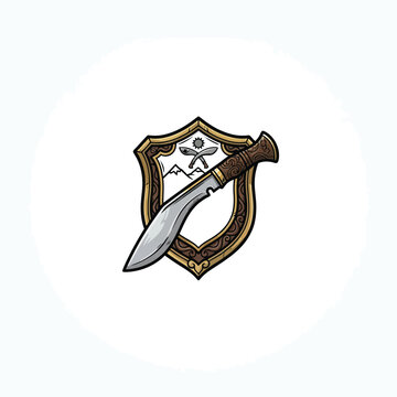 Ornate Khukuri Knife With Curved Silver Blade And Carved Wooden Hilt In Golden Shield Frame Featuring Mountain And Sun Graphics Vector Illustration