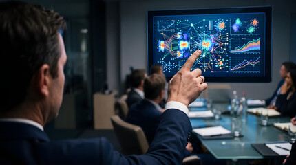 Naklejka premium Business leader pointing at a complex data visualization on a large screen during a meeting, showcasing analytics, ai, and technological innovation, with blurred attendees in a