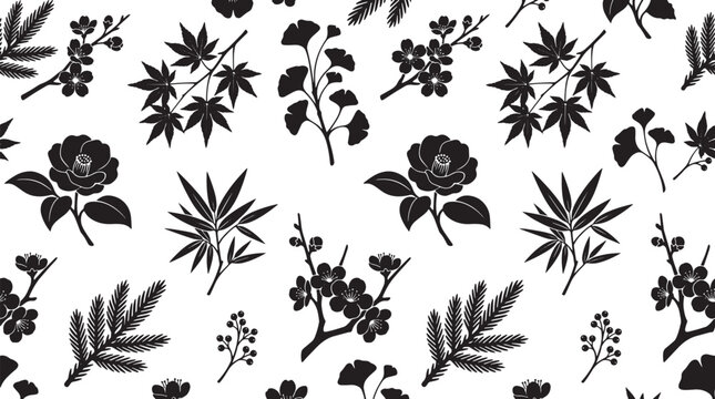 Japanese floral seamless pattern, black and white botanical vector background, oriental cherry blossom and maple leaf silhouettes, elegant nature textile print