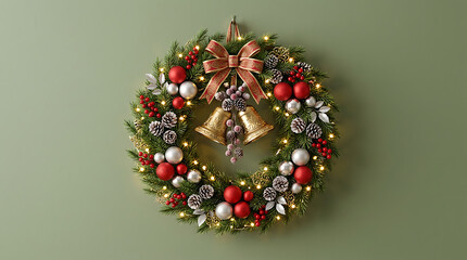 Obraz premium Ornate christmas wreath with bows golden bells red and silver baubles on sage green background christmas ornament decoration seasonal evergreen