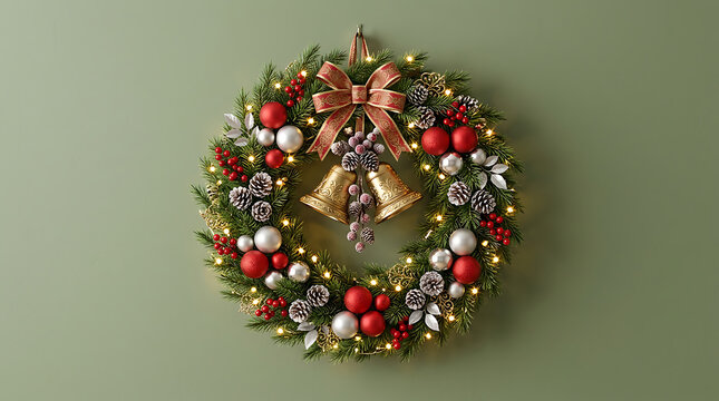 Ornate christmas wreath with bows golden bells red and silver baubles on sage green background christmas ornament decoration seasonal evergreen