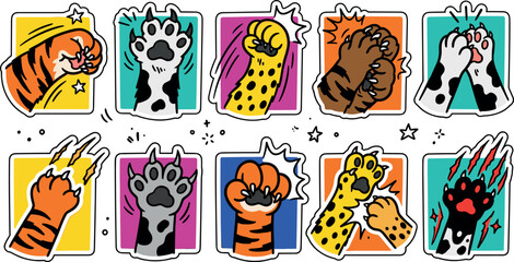 Fototapeta premium Cute Cartoon Big Cat Paw Sticker Set Featuring Colorful Tiger and Leopard Claws Scratching, Punching, and High Five Vector Elements for Kids Designs