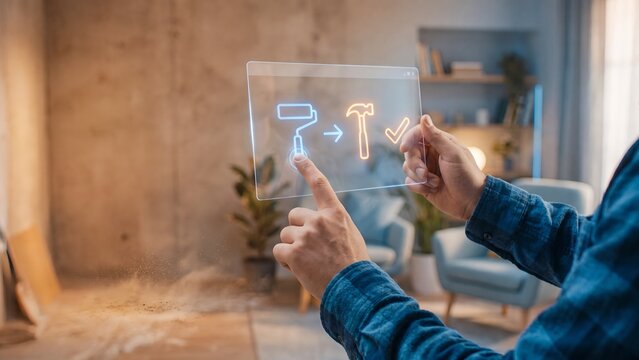 Home renovation digital tool concept, hands holding transparent screen with paint roller, hammer, arrow, checkmark icons showing before and after room transformation and remodeling