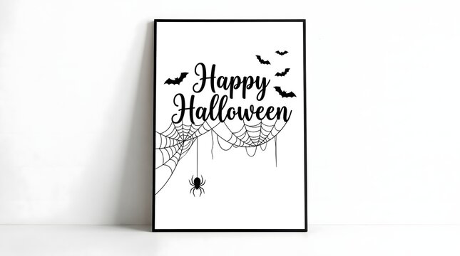 Happy halloween greeting card design with hanging spider and cobweb on a white wall frame, halloween